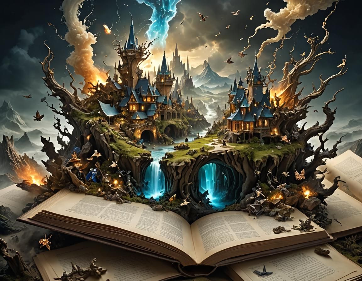 Fantasy Landscapes Exploding from Book, Digital Illustration