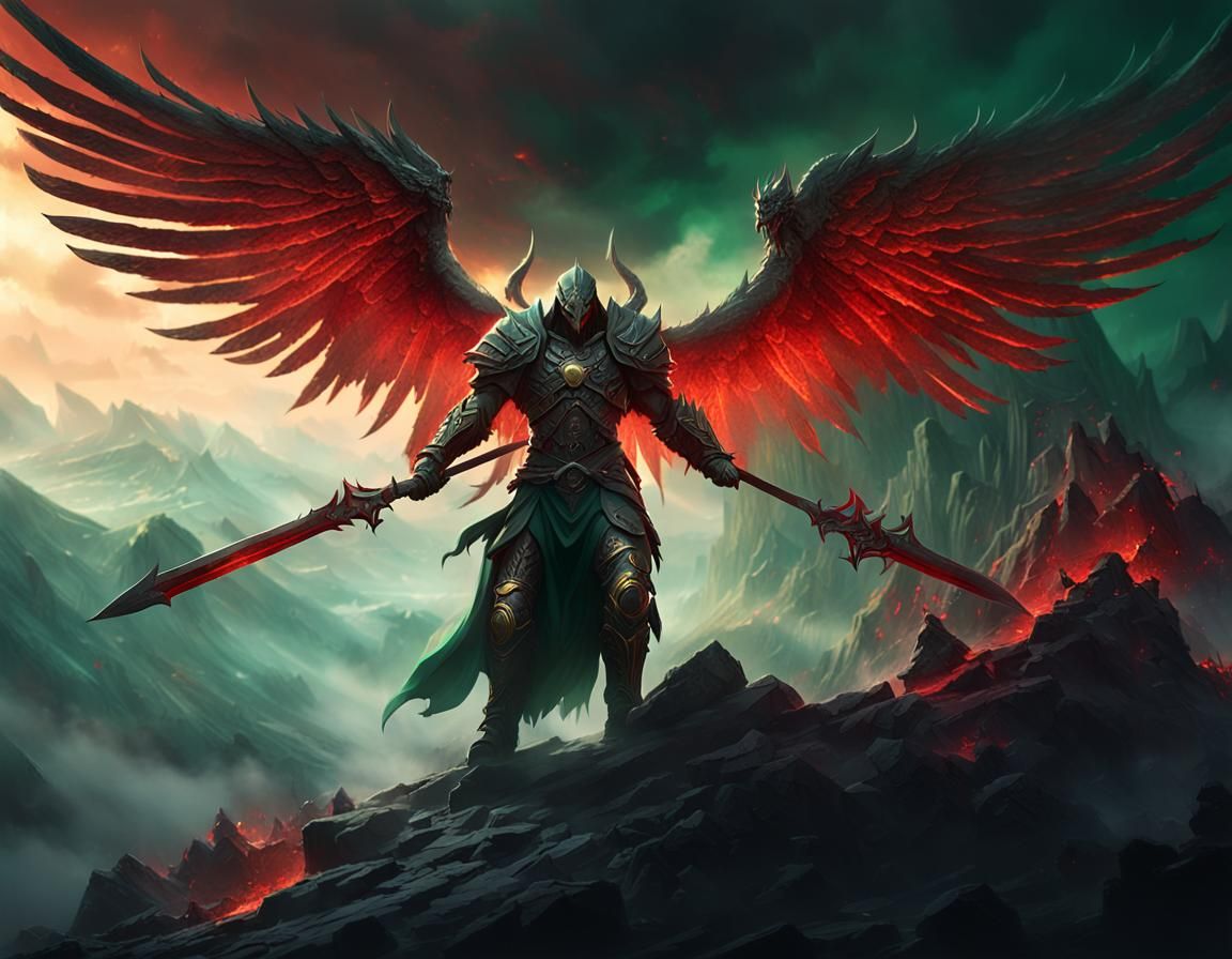 Warrior Angel Battles Demon on Misty Mountaintop