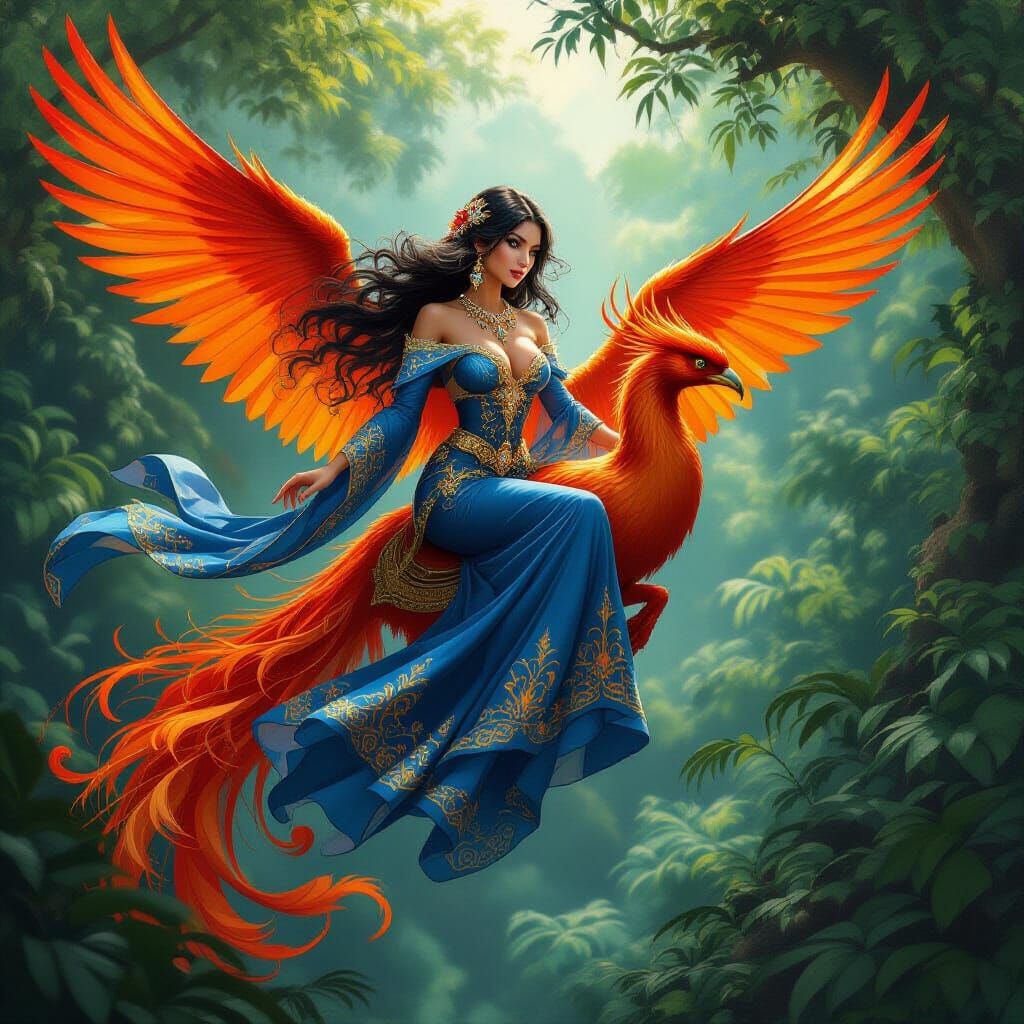 Woman Rides Phoenix Over Jungle in Fantasy Art Style