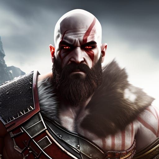Hyperrealistic Portrait of Kratos in Ruined City
