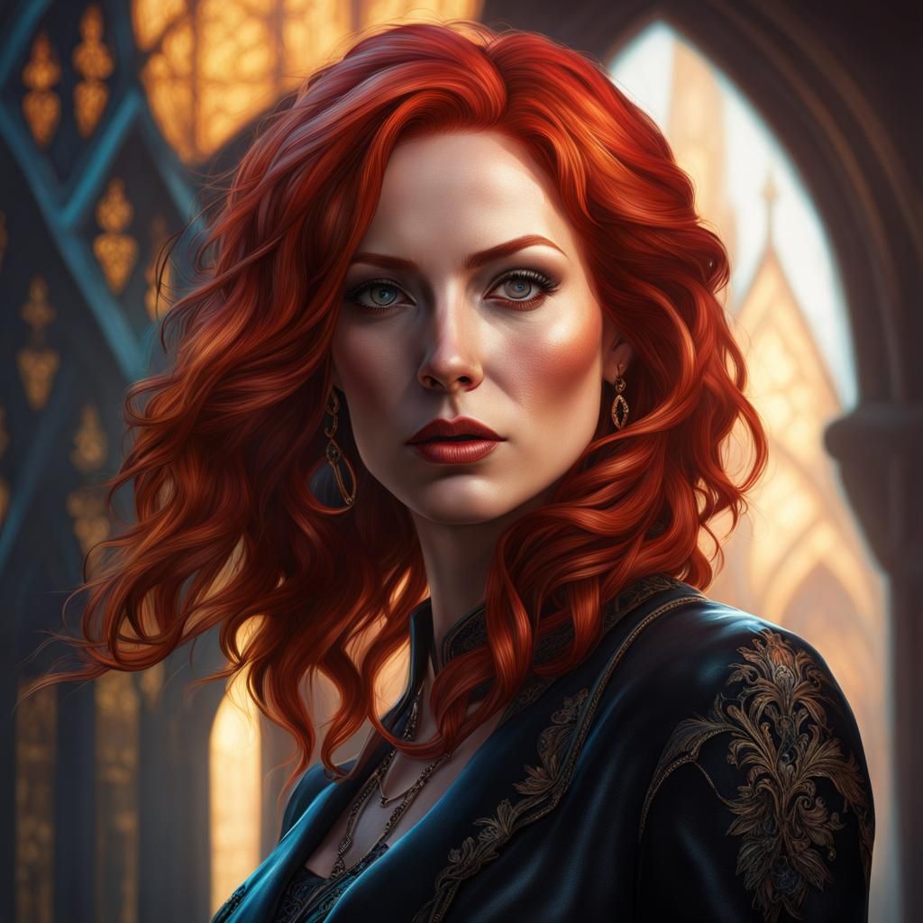Hyperrealistic Gothic Redhead Portrait in Splash Art Style