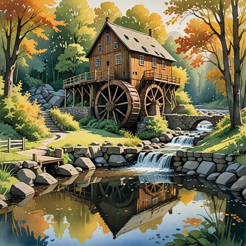Rustic Grist Mill Amidst Sunlit Foliage