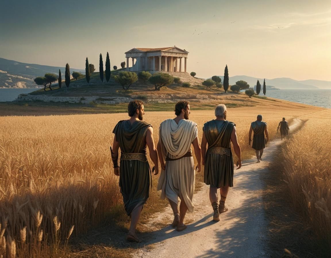 Greek Heroes in Elysian Fields: Hyperrealistic Scene