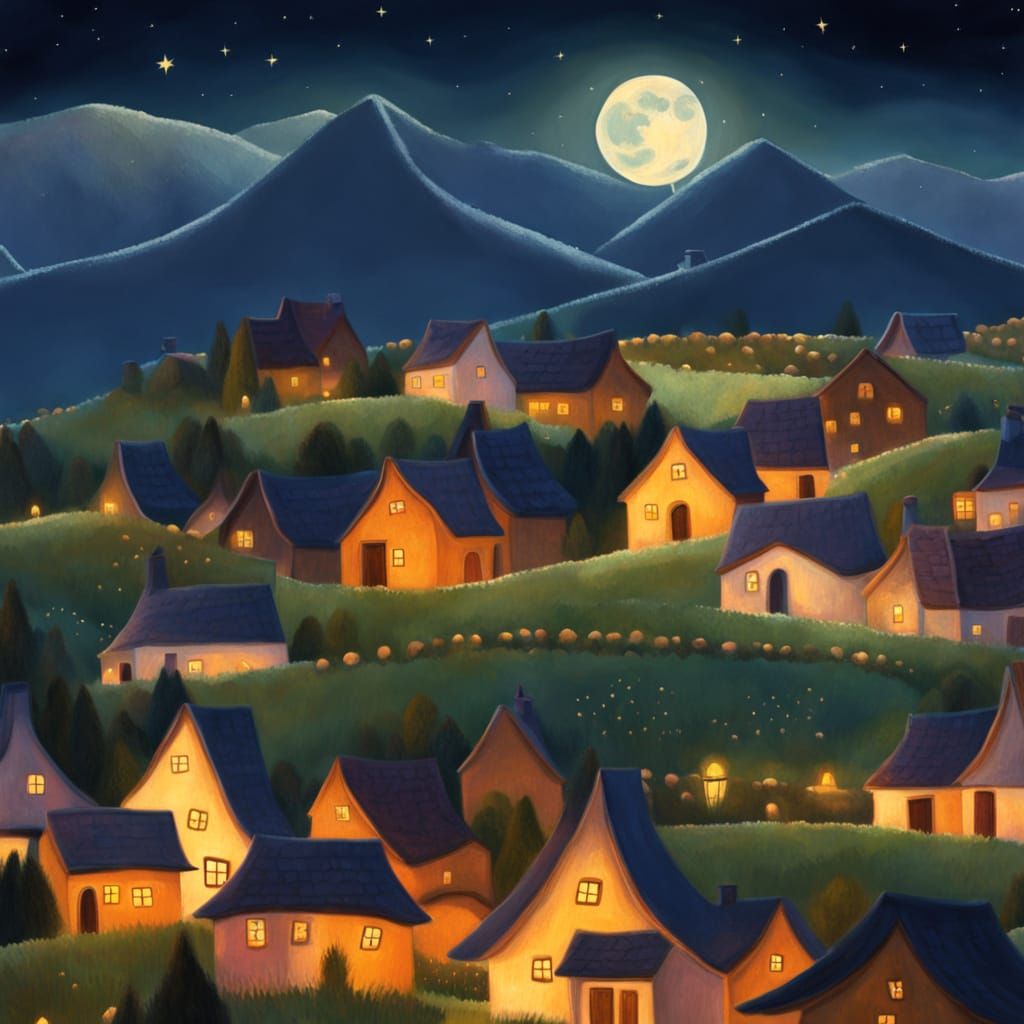 Naive Art Moonlit Village in Twilight Hues
