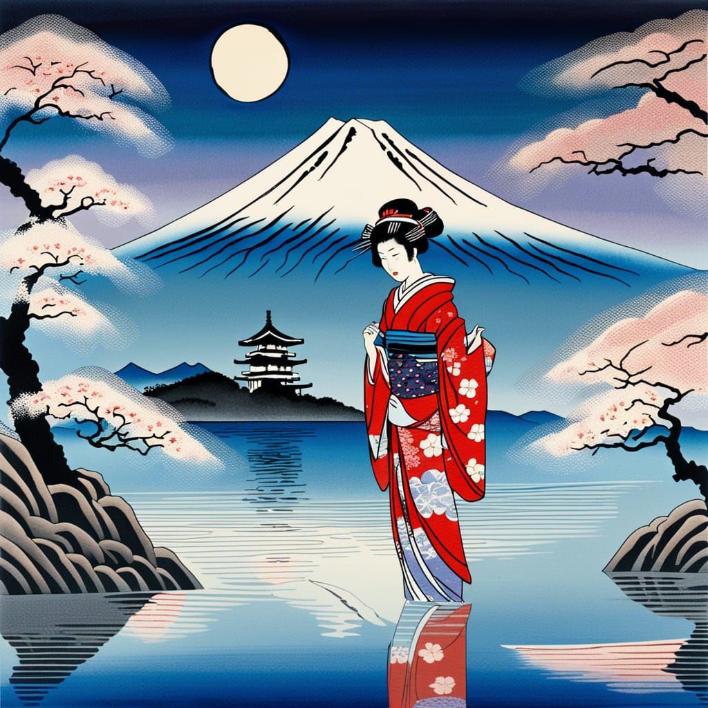 Geisha in Kimono with Fuji Mountain Backdrop as Ukiyo-e