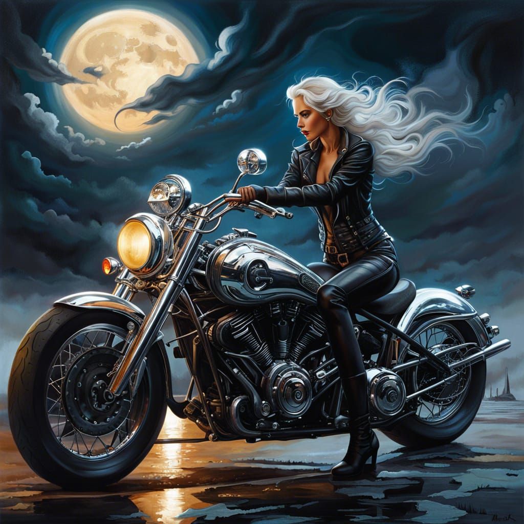 Chrome Motorcycle Tire Change Under Moonlight
