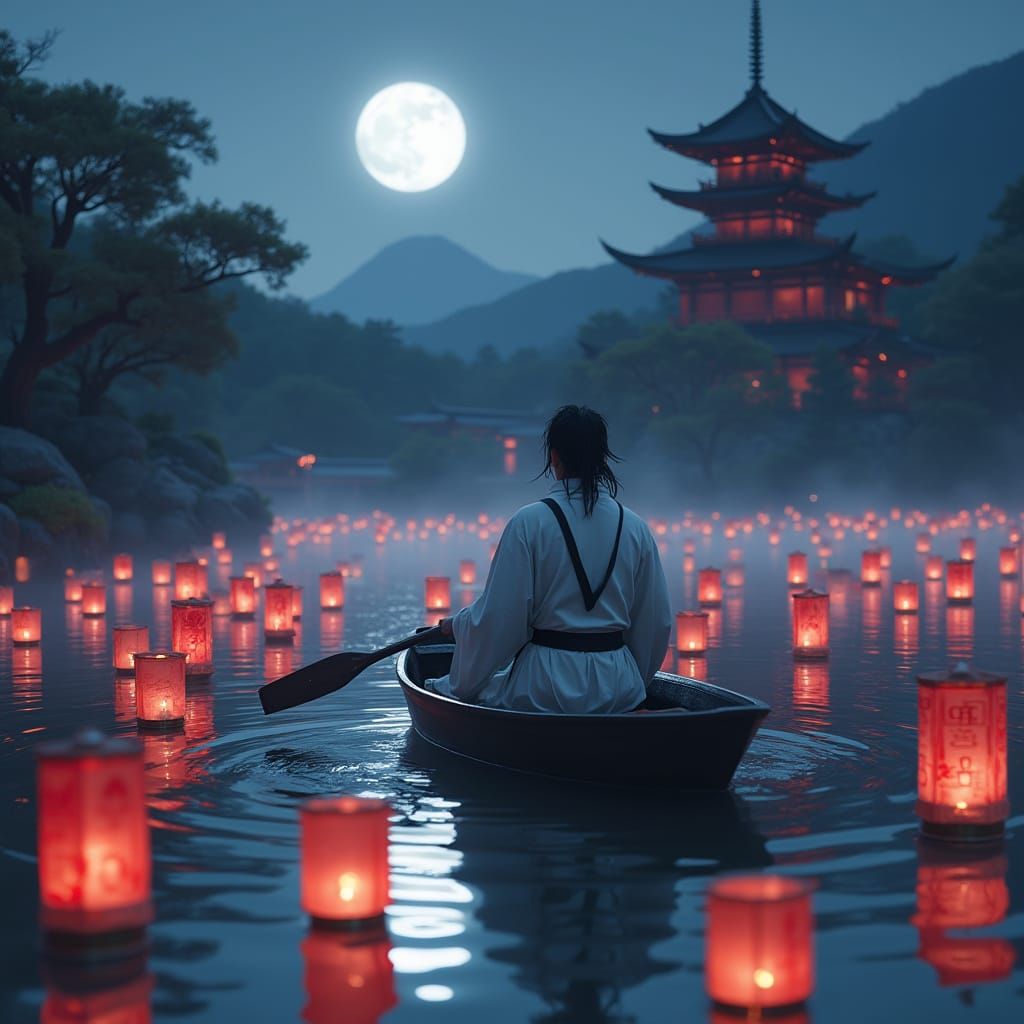 Storm Shadow in Canoe Amidst Red Lanterns