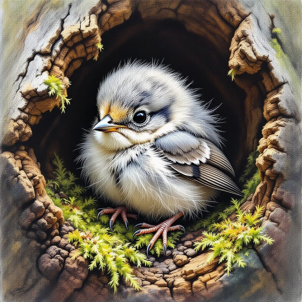 Tiny Fluffy Bird Foundling in Mossy Log Charcoal Drawing