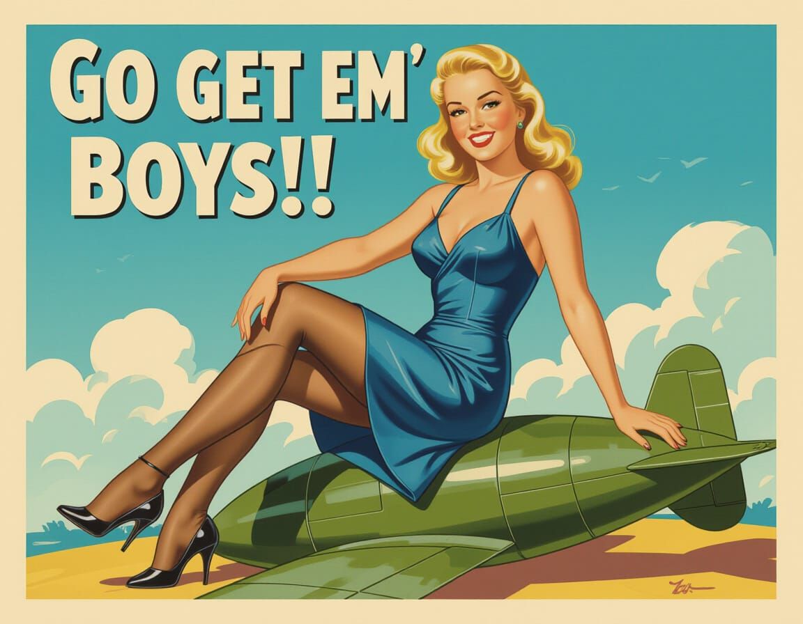 Vintage 1940s Poster: Blonde Woman on Bomb