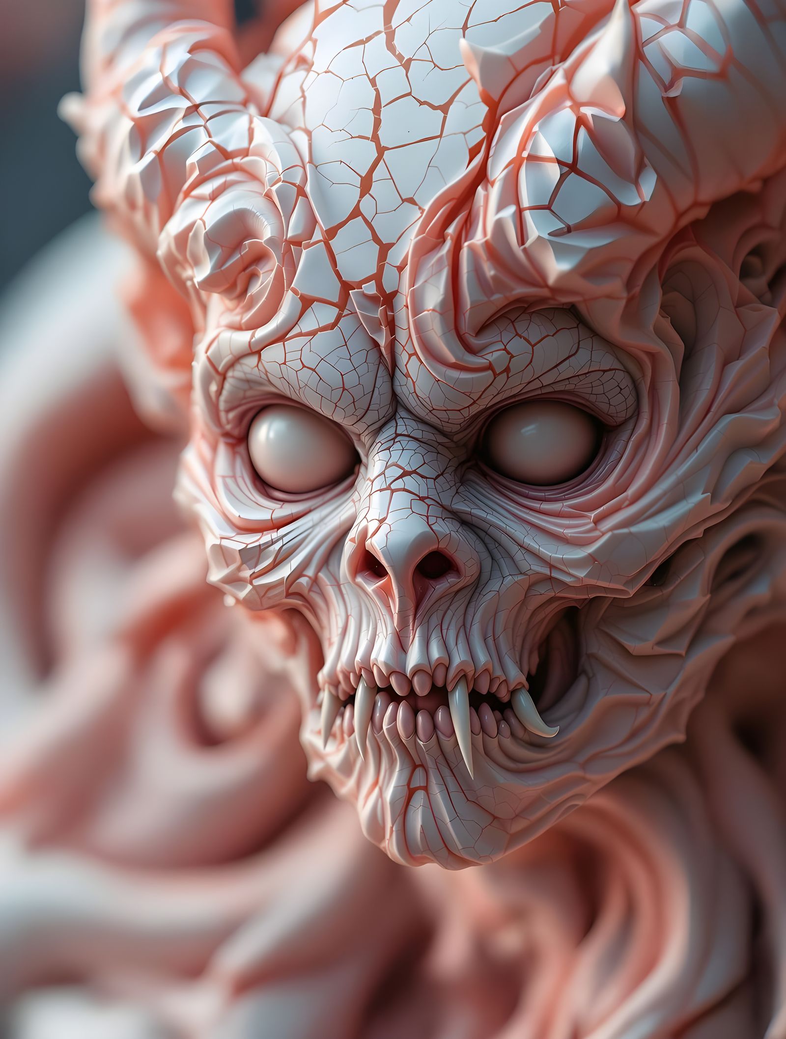 Grotesque Demon Face with Cracked Eggshell Texture