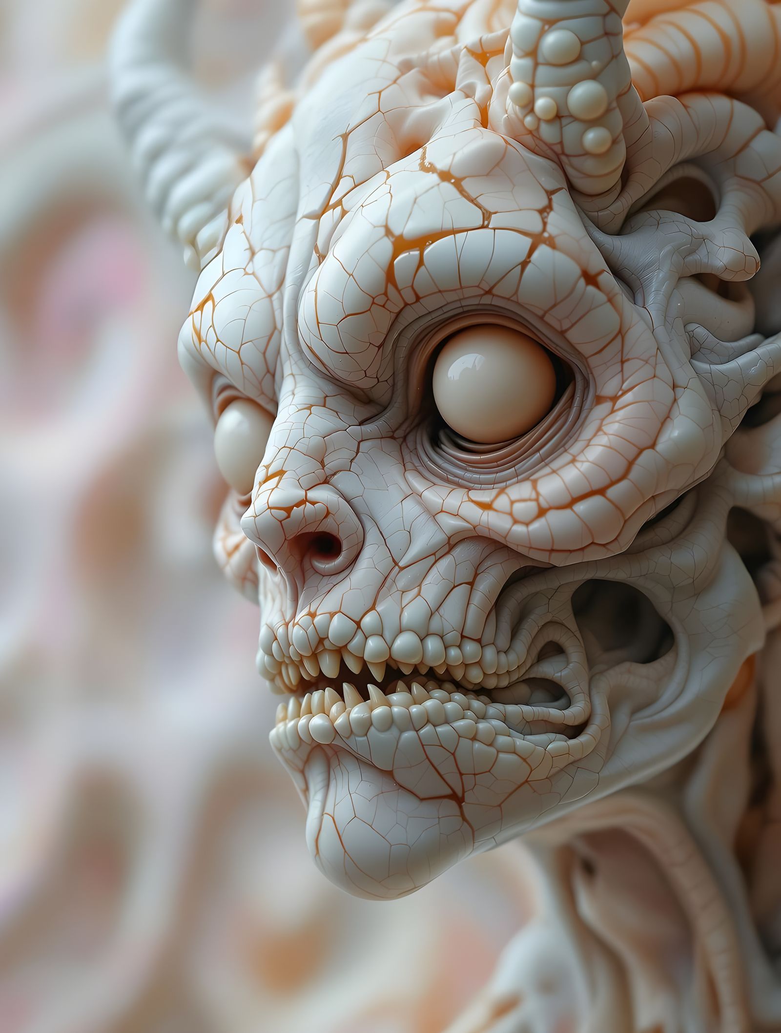 Grotesque Demon Face with Cracked Eggshell Texture