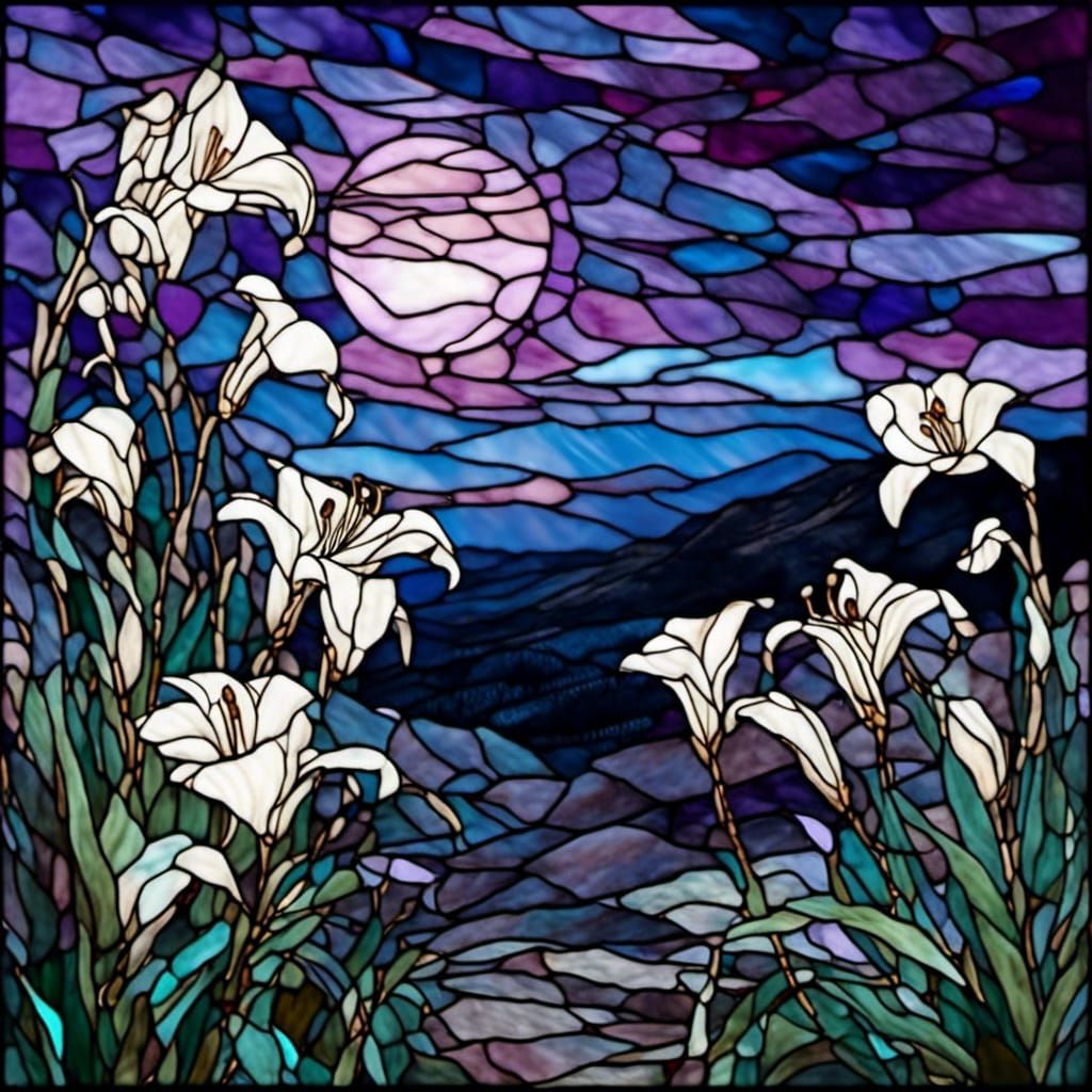 Stained Glass Lily Field in Moonlight