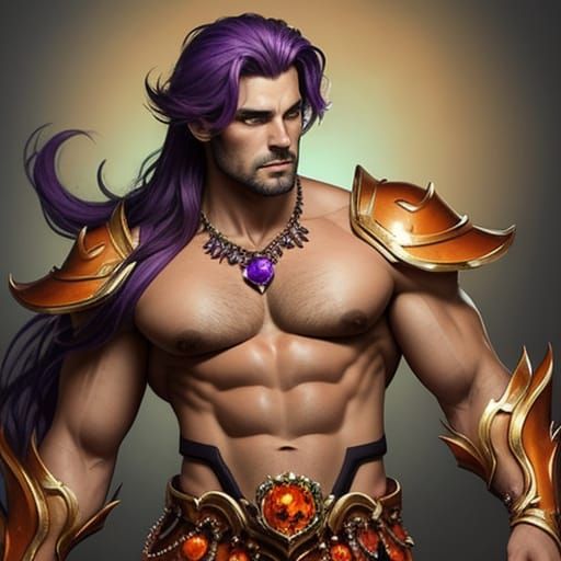 A gorgeous fantasy beefcake decked out in orange topaz and amethyst gems. He wears nothing else.