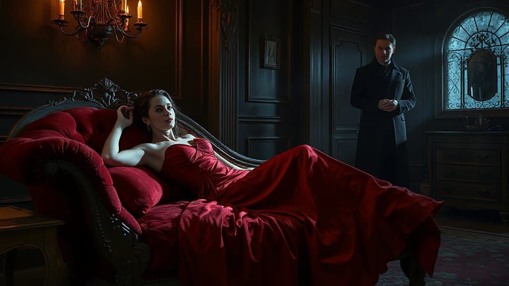 Vampire Woman in Crimson Gown in Dimly Lit Boudoir