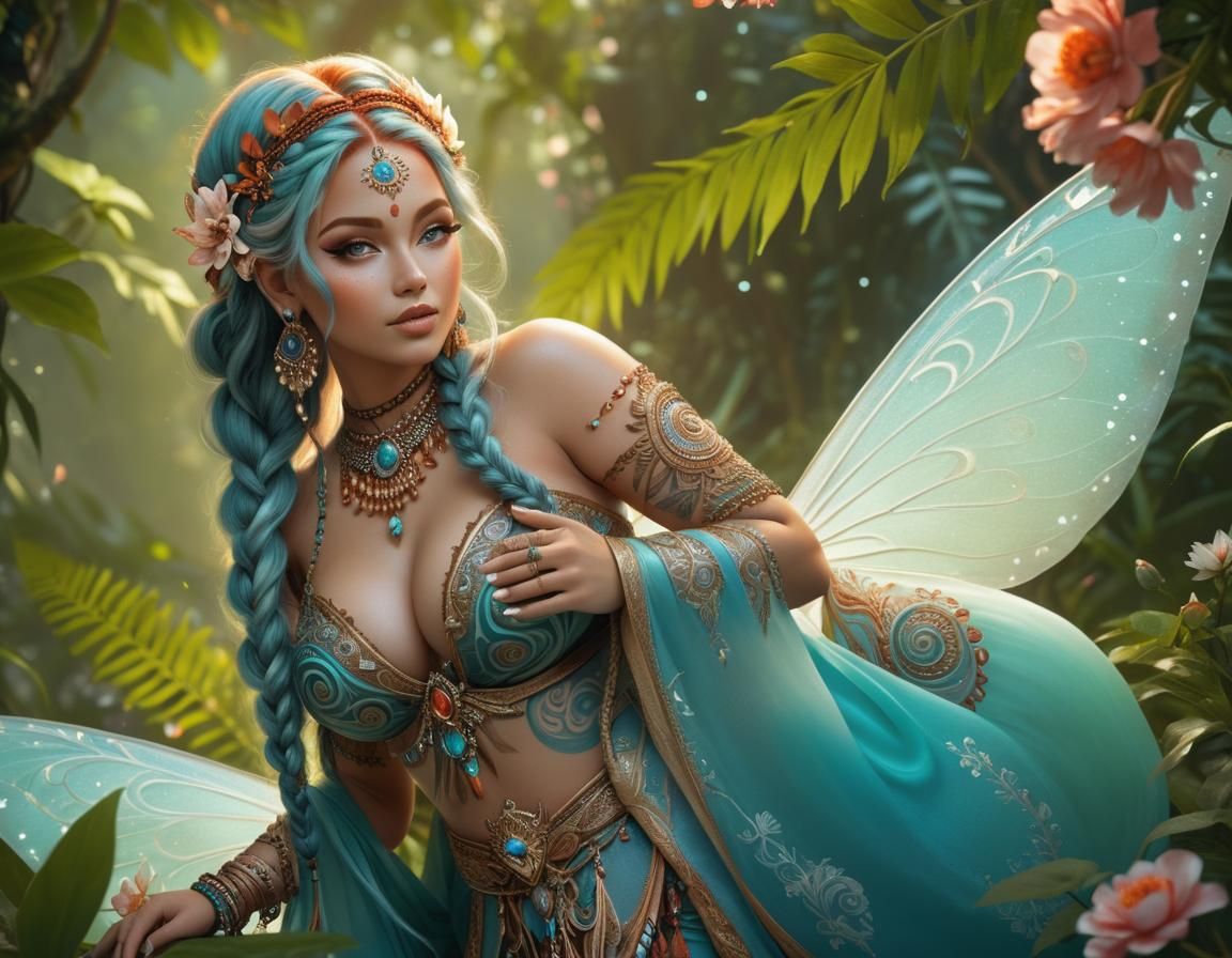 Forest Fairy with Tribal Tattoos and Aquatic Wings