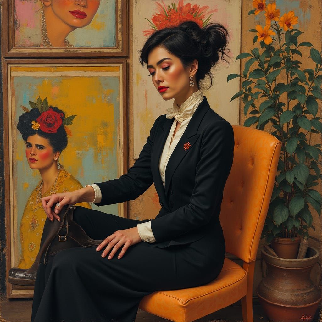 Elegant Woman Polishing Boots, Abstract Art Background