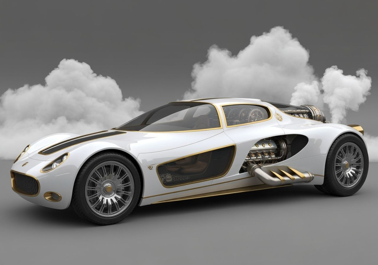 Futuristic Steampunk Sports Car Against Cloudy Sky