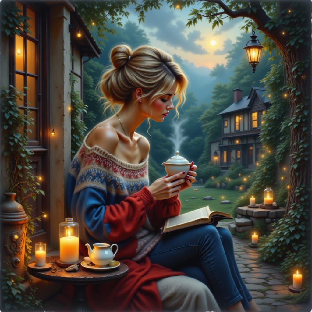 Woman Sipping Tea in Moonlit Garden Oil Painting