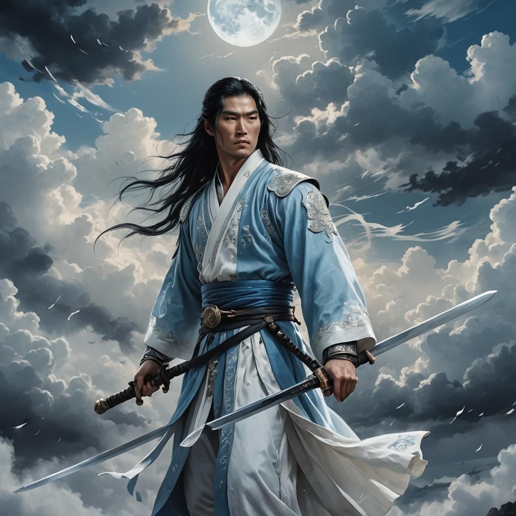 Fantasy Prince with Sword in Celestial Clouds