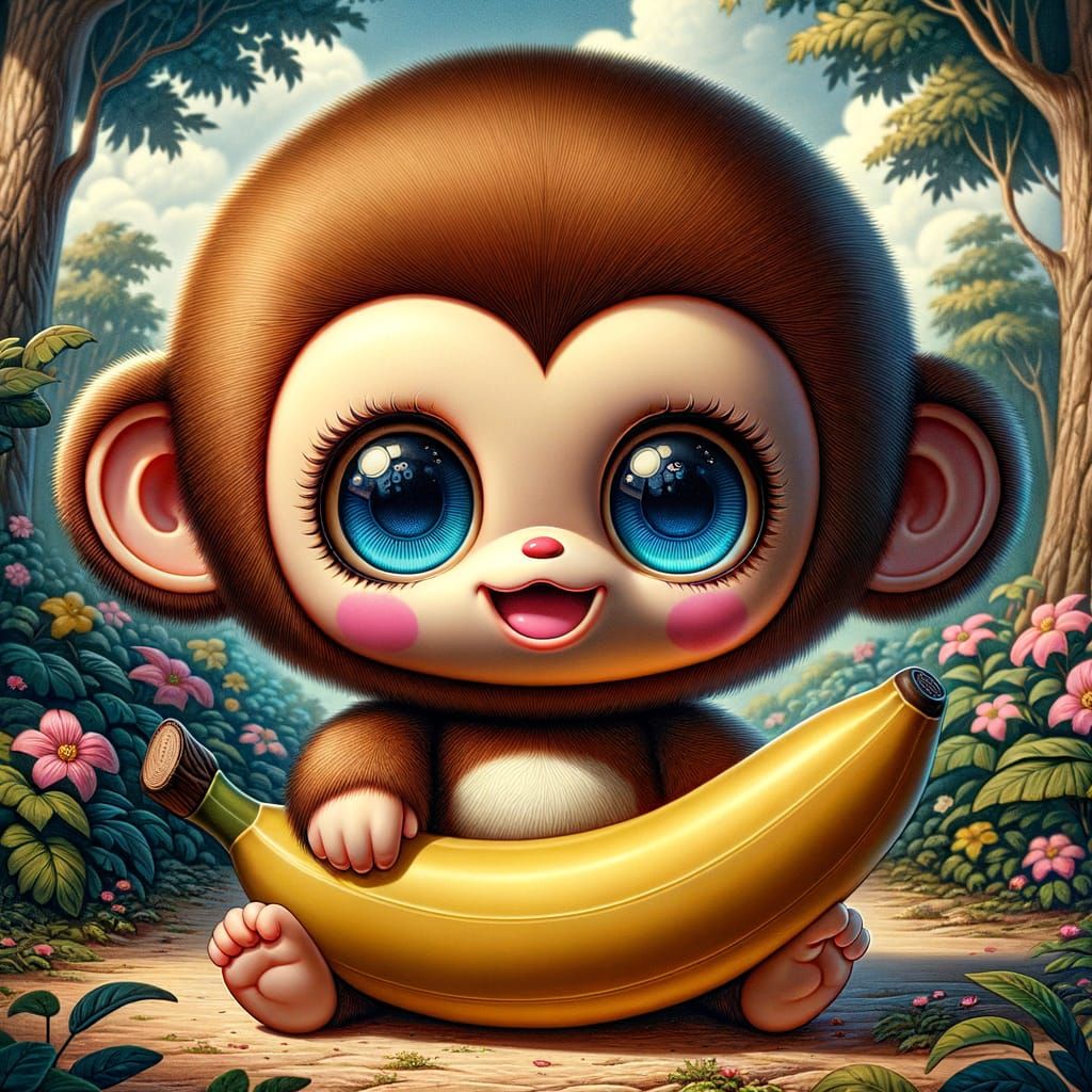 Toy Monkey on Banana in Ukiyo-e Style