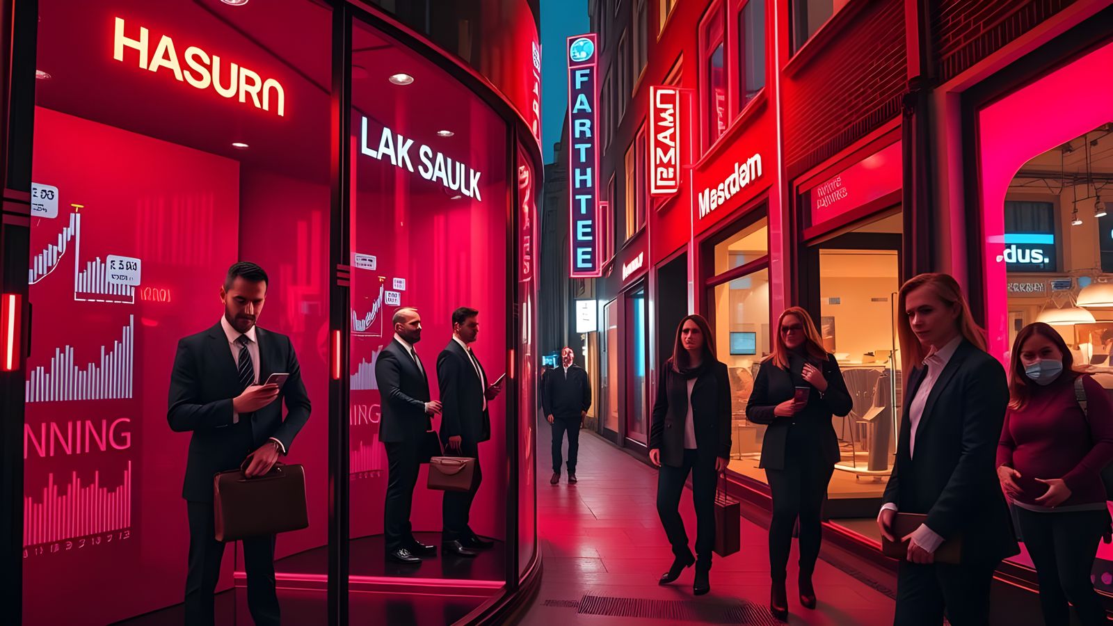 Elegant Businessmen on Display in Amsterdam's Neon-Lit Stree...