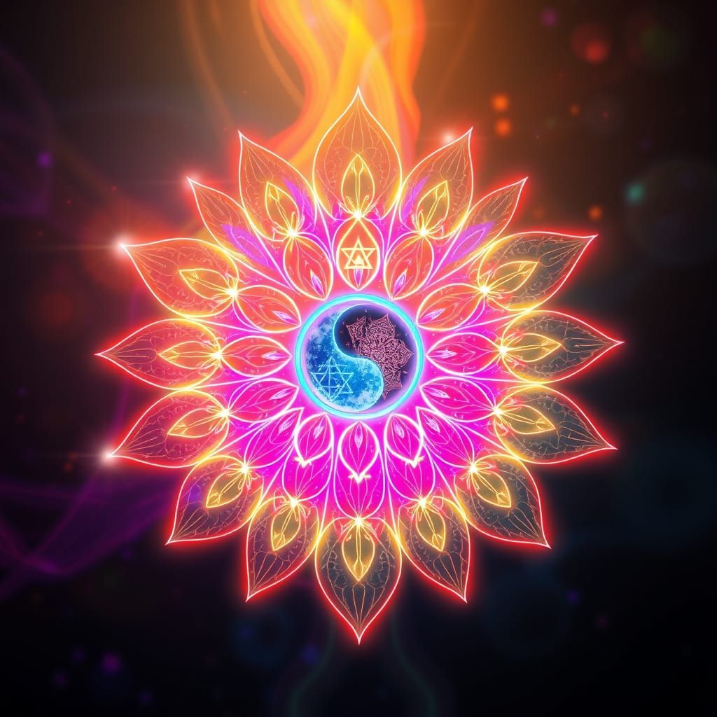 Ethereal Flower of Life Radiates Sacred Symbols in Neon Glow