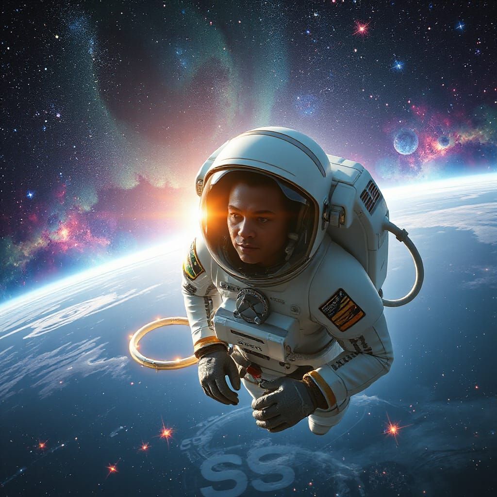 Cosmonaut in Nebula Expanse: Syd Mead Style