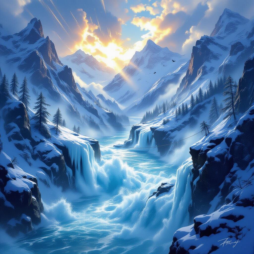 Turbulent River Between Snowy Peaks Digital Painting