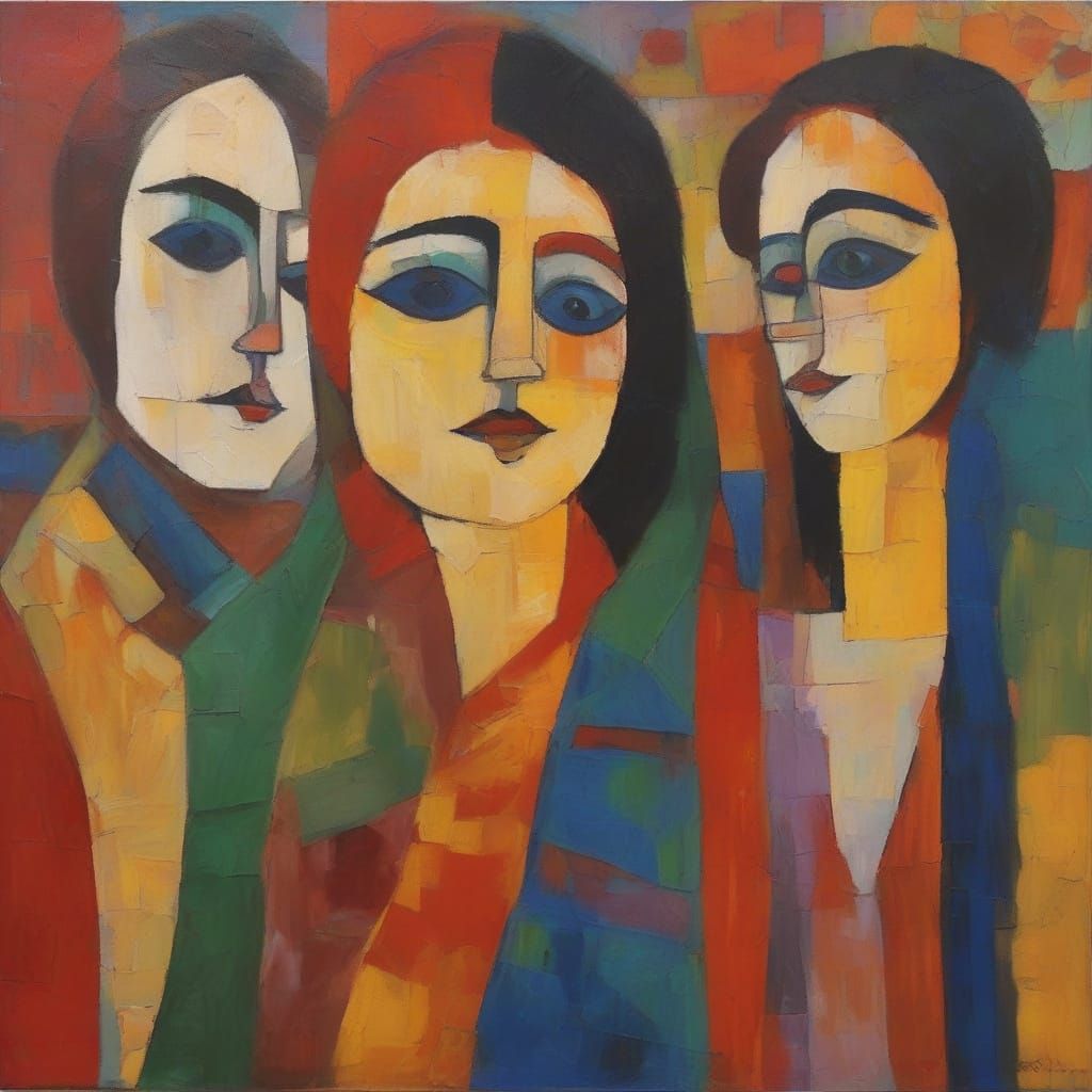 Expressionist Painting of Woman Surrounded by Figures
