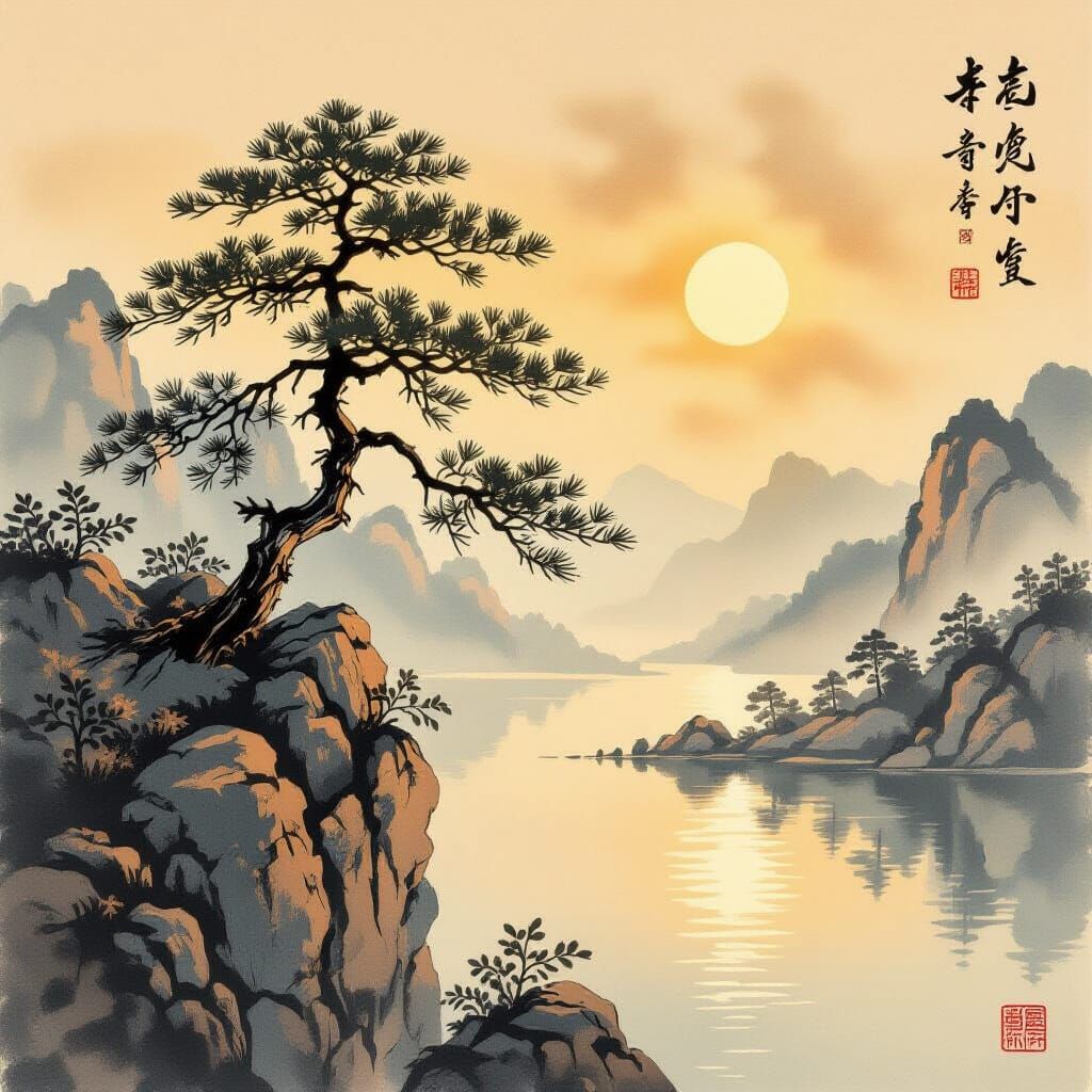 Pine Tree on Cliff in Chinese Ink Art Style