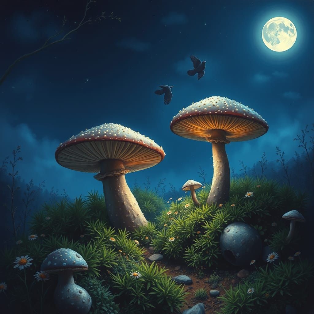 Moonlit Glen with Giant Mushrooms in Airbrush Style