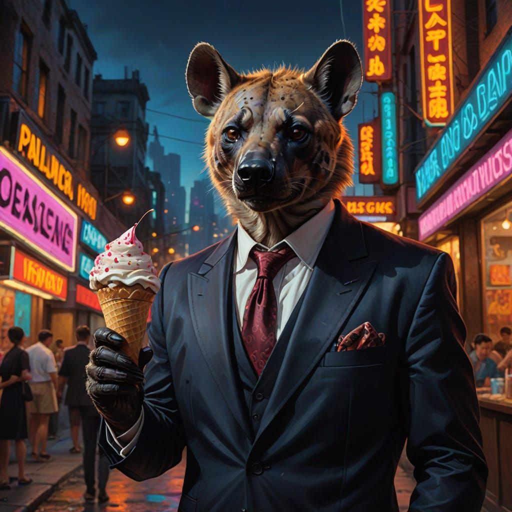 Hyena in Tuxedo Finds Ice Cream City