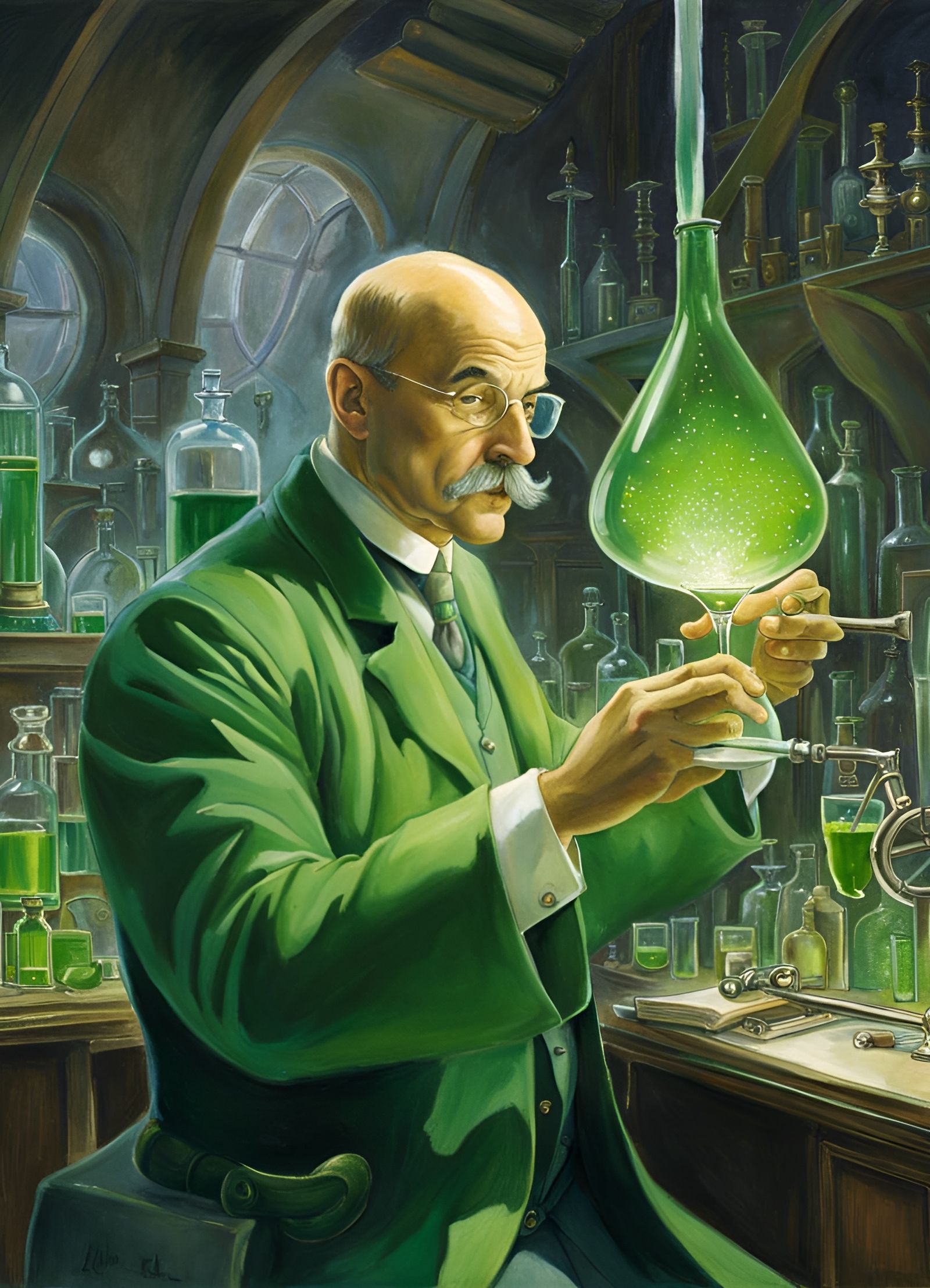 Scientist in Lab with Green Fluids, Alan Lee Style