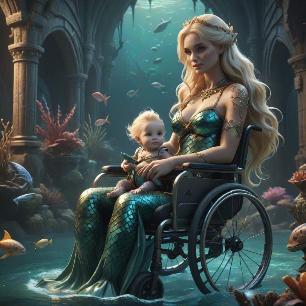 Mermaid Nursing in a Wheelchair, Fantasy Concept Art