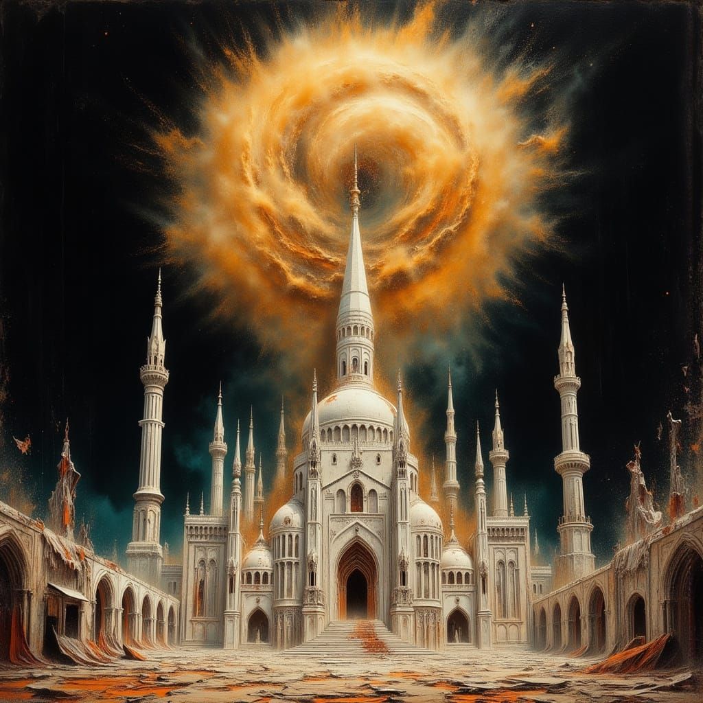 Sandstorm Devouring a Futuristic City in Dark Oil Paint