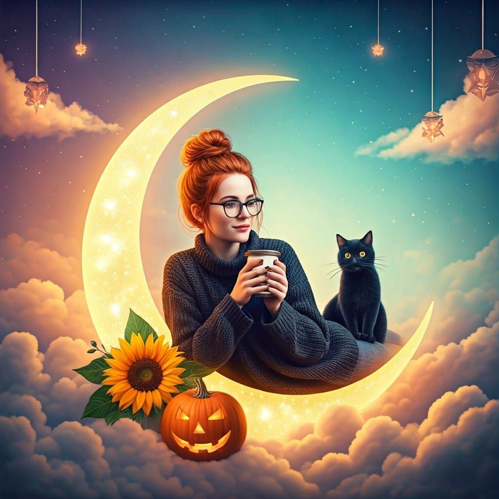 Serene Woman on Crescent Moon with Halloween Vibes