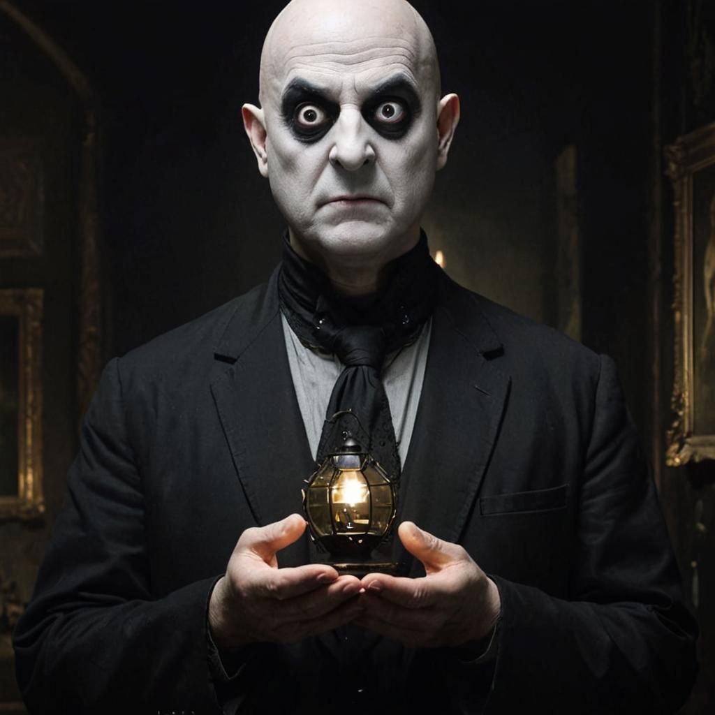 Illuminated Gothic Room Featuring Bald Man with Curujanji