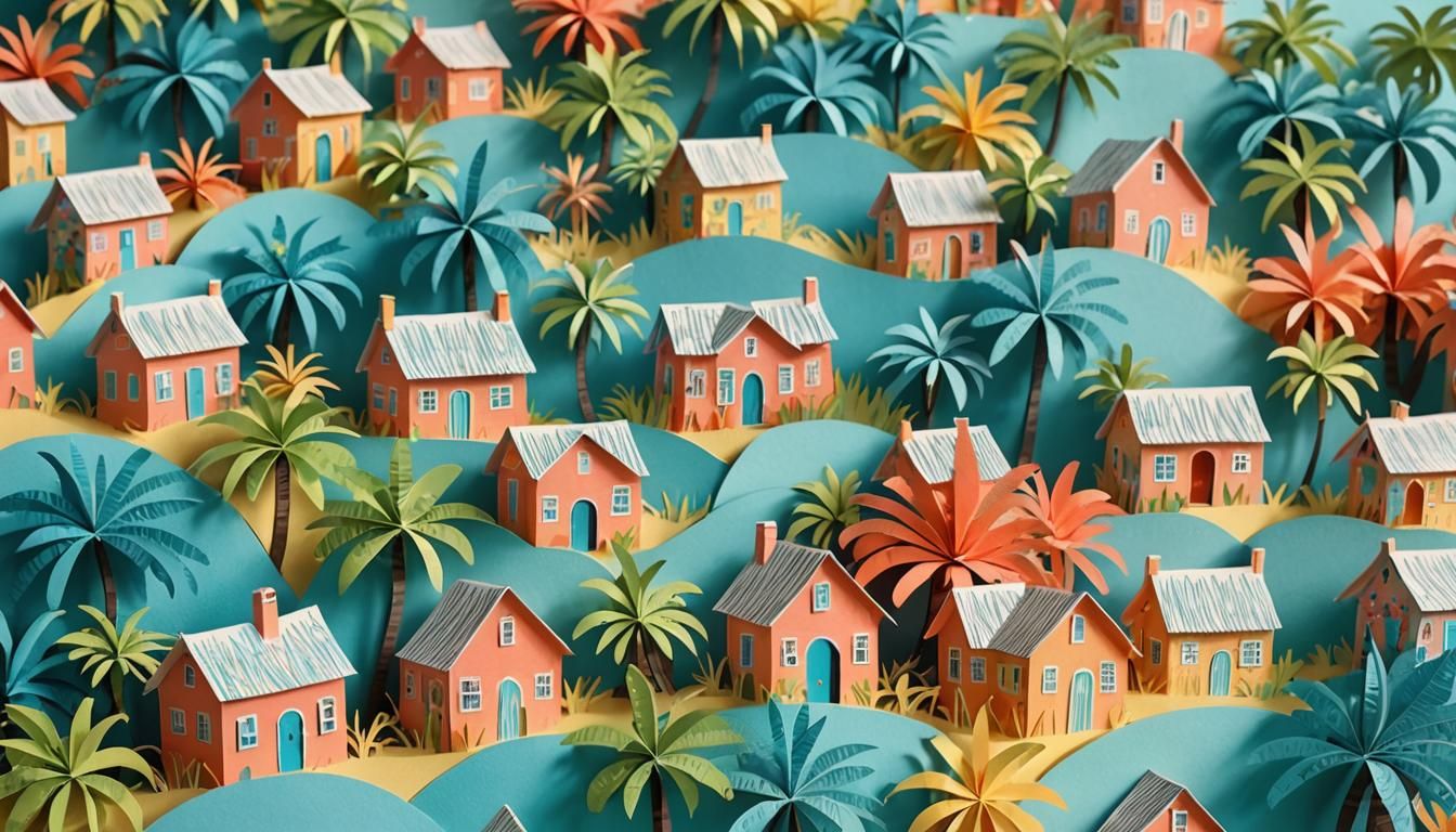 Vibrant Barbados Papercraft Village in Whimsical Style