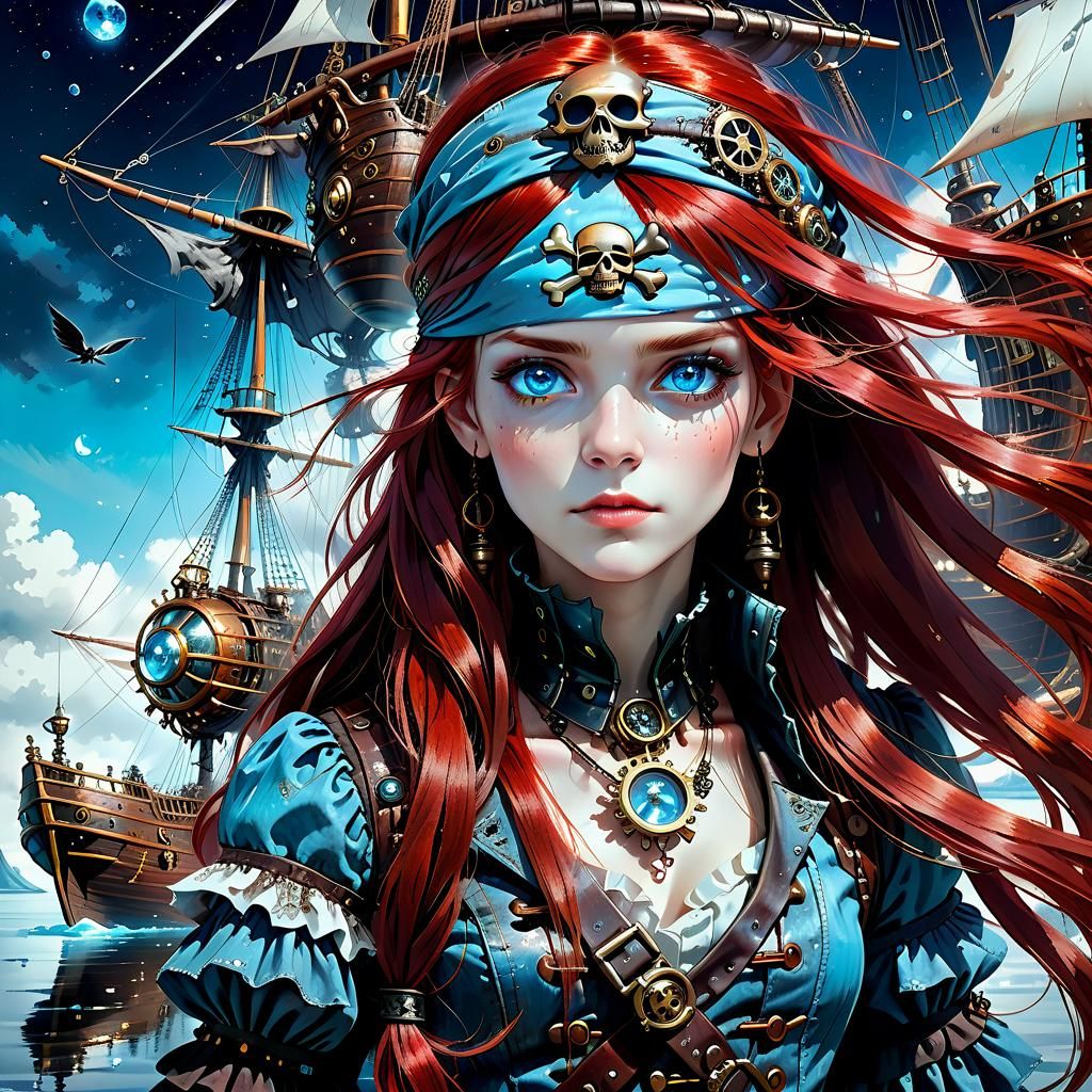 Steampunk Pirate Queen with Flying Ship