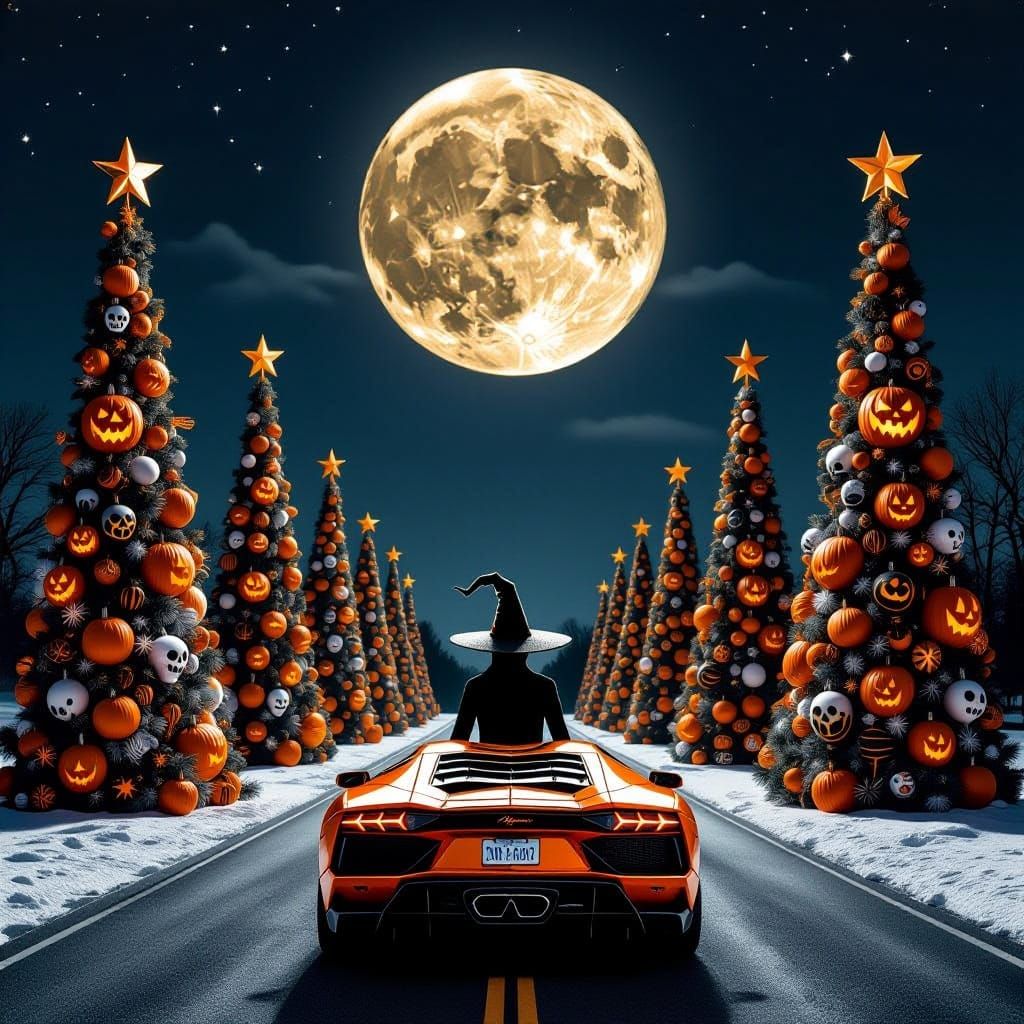 Halloween Christmas Trees Under Monochromatic Moon