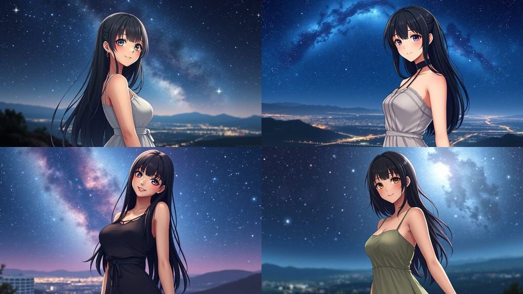 Anime Goddess Poses Under Starry Night Sky in Pin-Up Style
