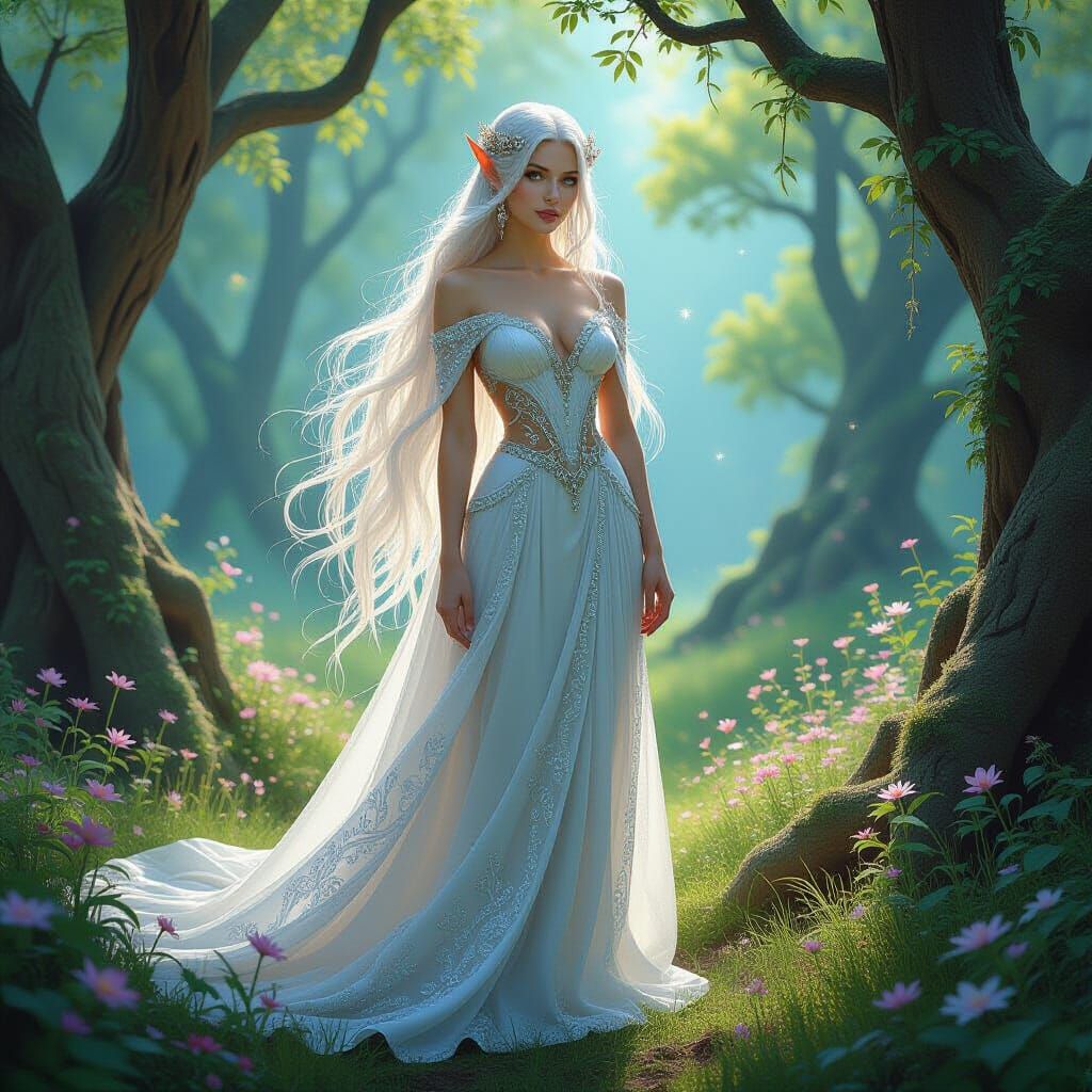 Elven Woman in Mystical Forest, Art Nouveau Style