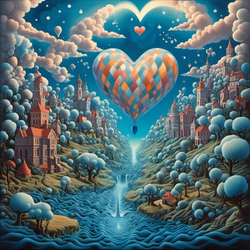 Surreal Heart in Impossible Dreamscape as Oil Painting