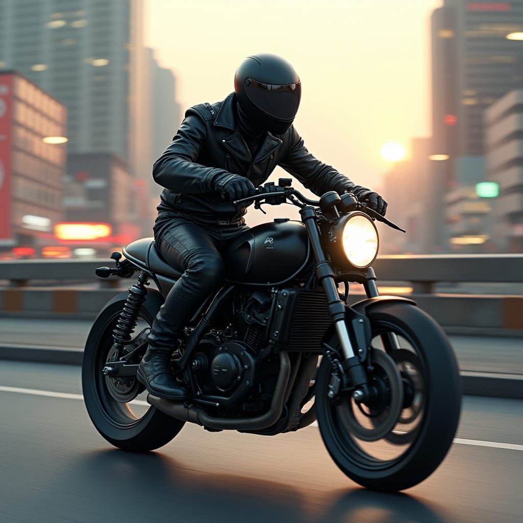 Futuristic Rider Races Through City at Dusk