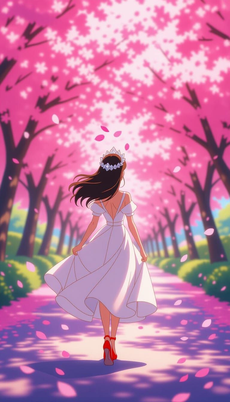 Anime Princess in Cherry Blossom Path