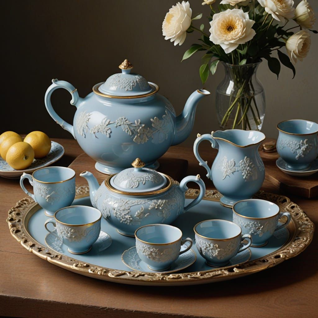 Elegant Pale Blue Jasperware Tea Set in Oil Painting Style