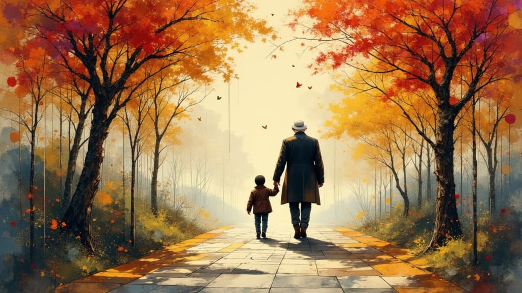 Grandfather and Grandson Walk in Colorful Park