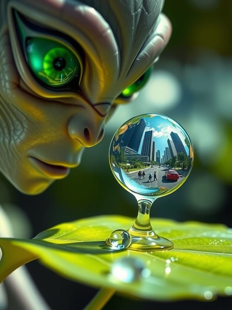 Alien Studies Earth in Water Droplet Macro Photography