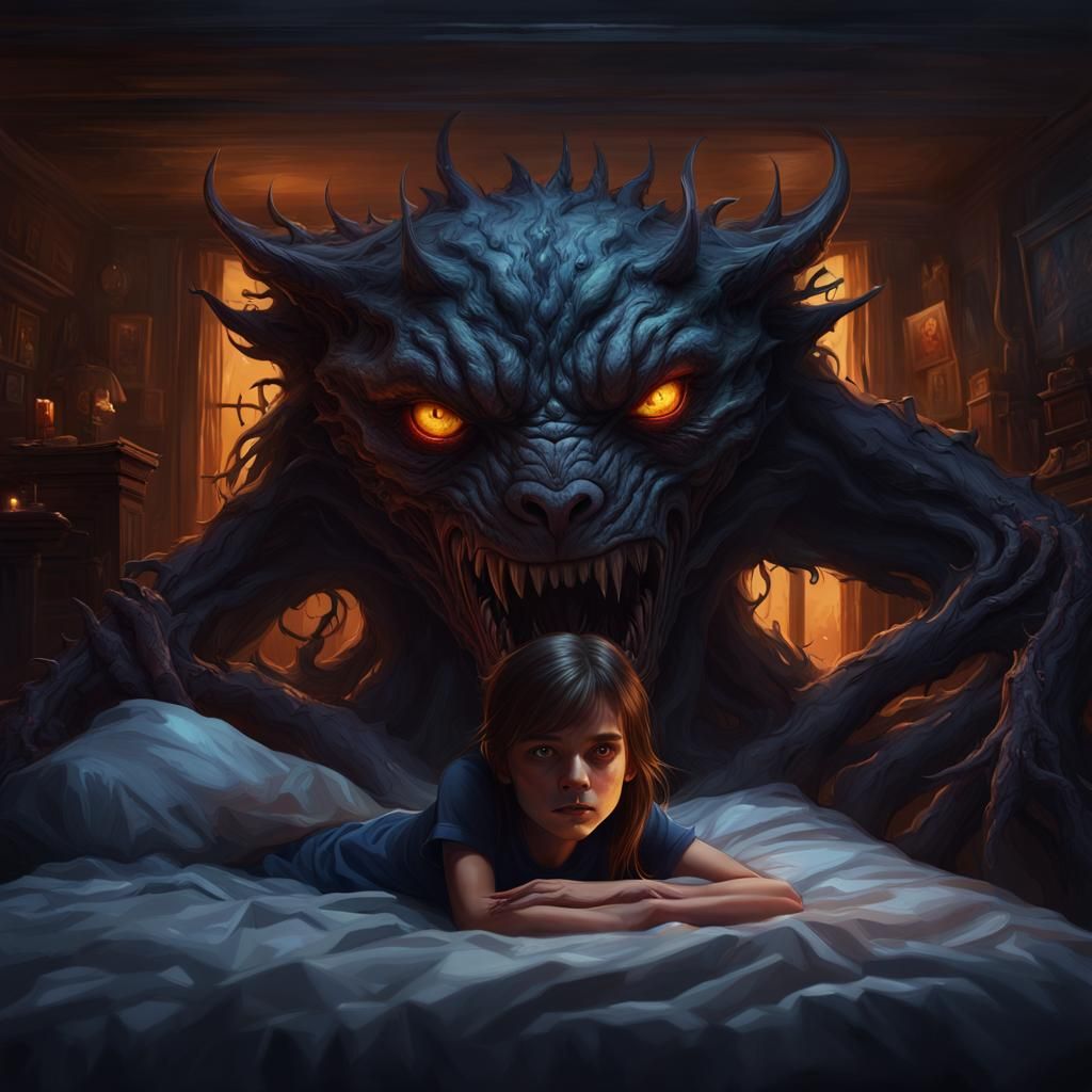 Creepy Creatures Under Bed in Matte Painting Style