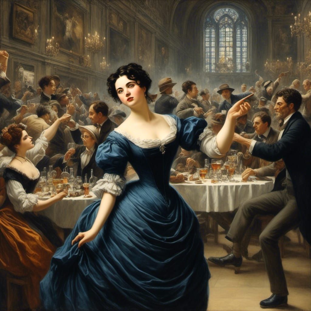 Party all night Long in a black Victorian dress <lora:Modern renaissance:1.1>